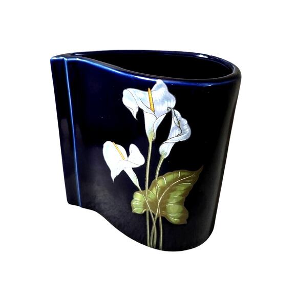 Vintage Tear Drop Dark Blue Porcelain Vase Calla Lily Flower Chinese - Picture 1 of 10
